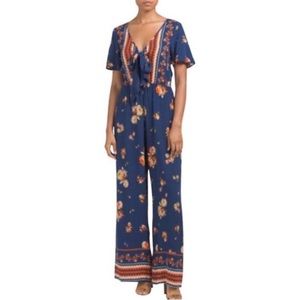 Band of Gypsies V-Neck Blue Floral Jumpsuit